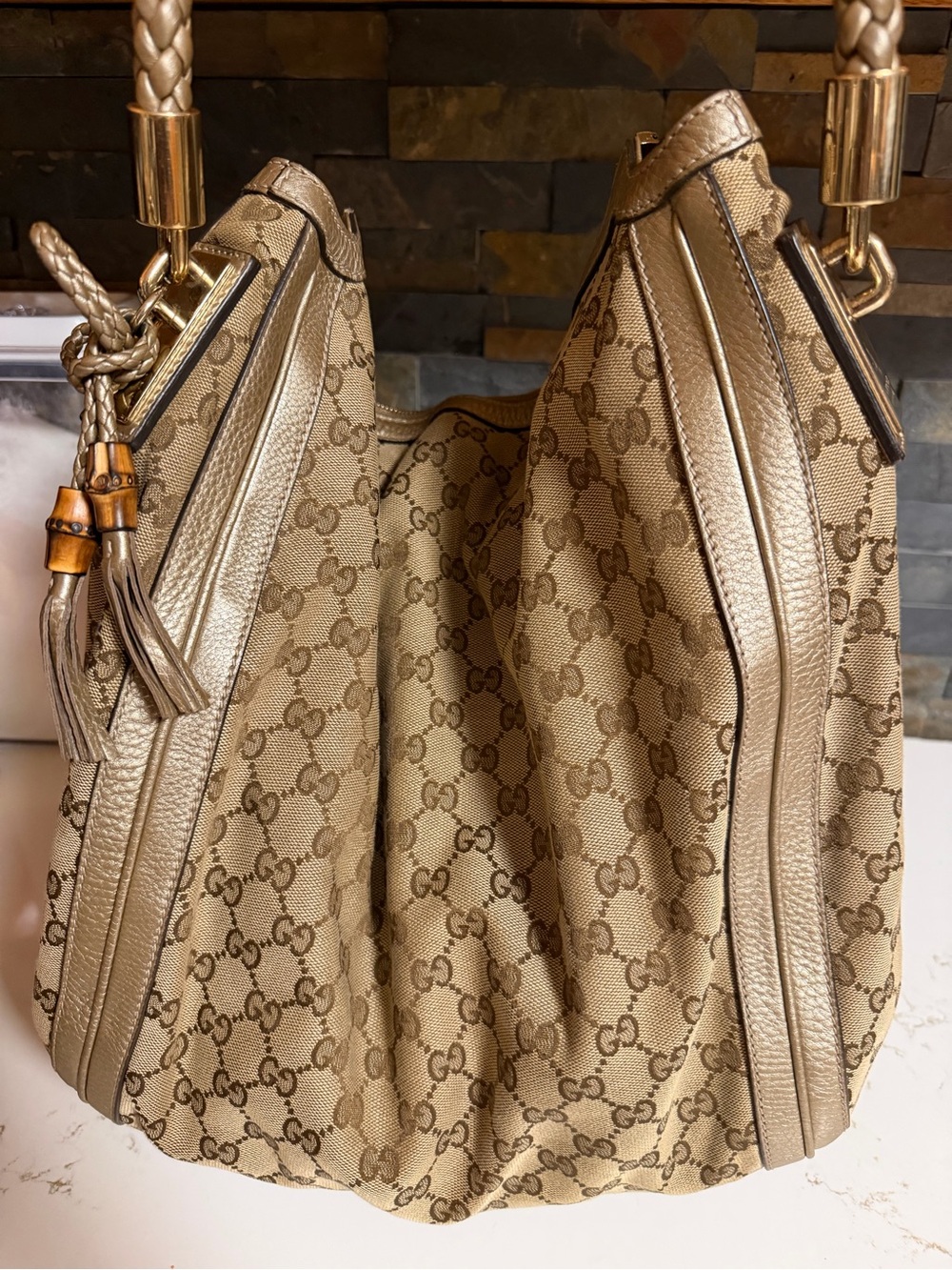 Gucci Beige GG Canvas Hobo with Bamboo Tassel and Braided Strap